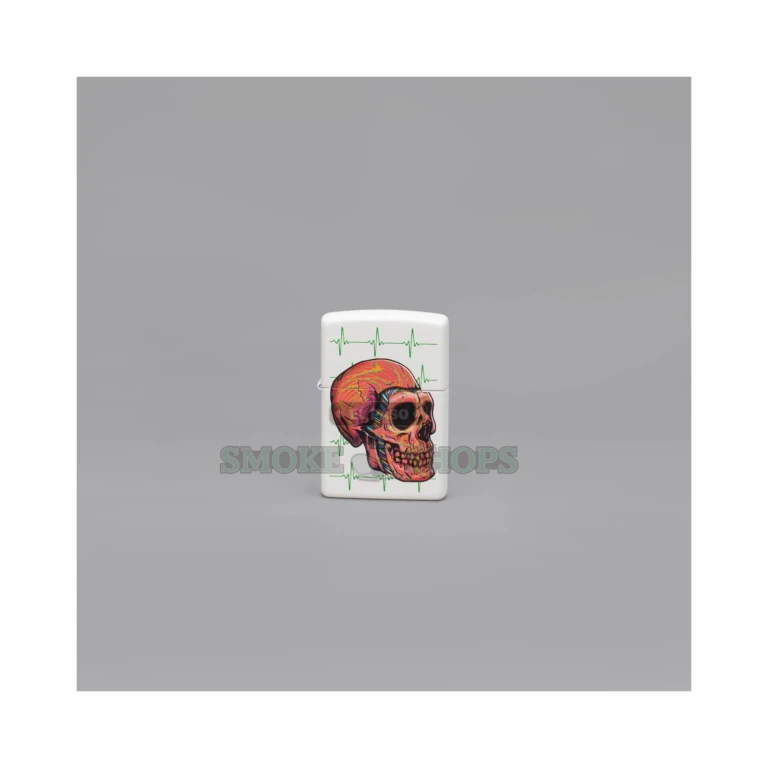 White Matte Zippo lighter with the Cyber Skull Color Image design of a skull wired with circuitry and electrical pulses