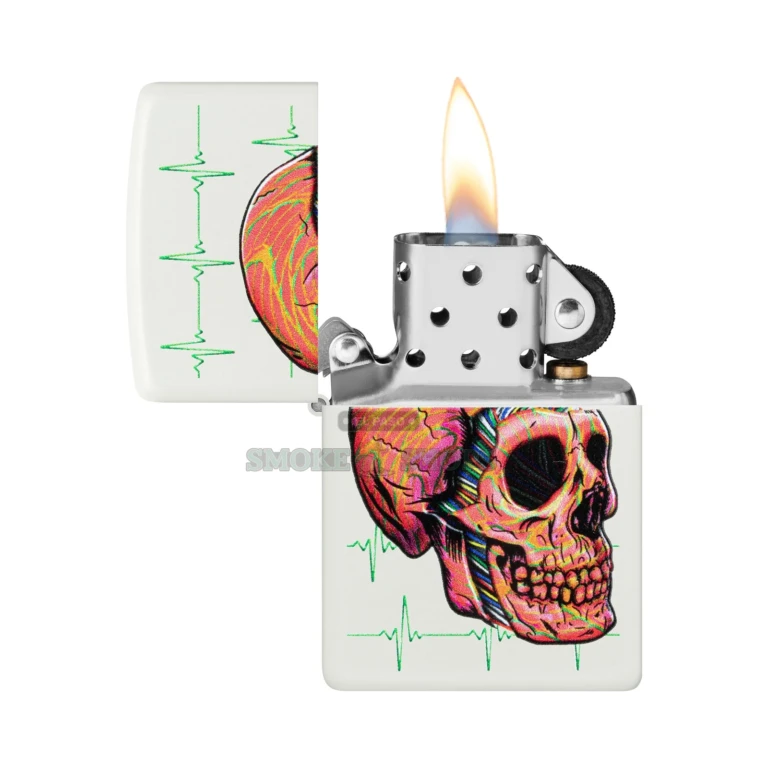 Zippo Cyber Skull lighter shown open with the windproof chimney and lit flame