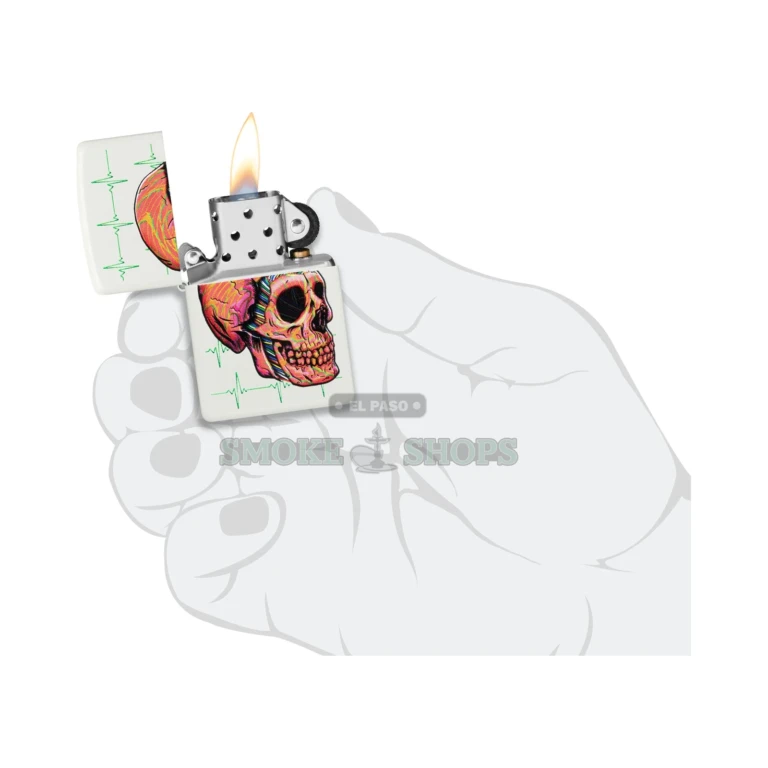 Back of the White Matte Zippo 48659 Cyber Skull lighter case