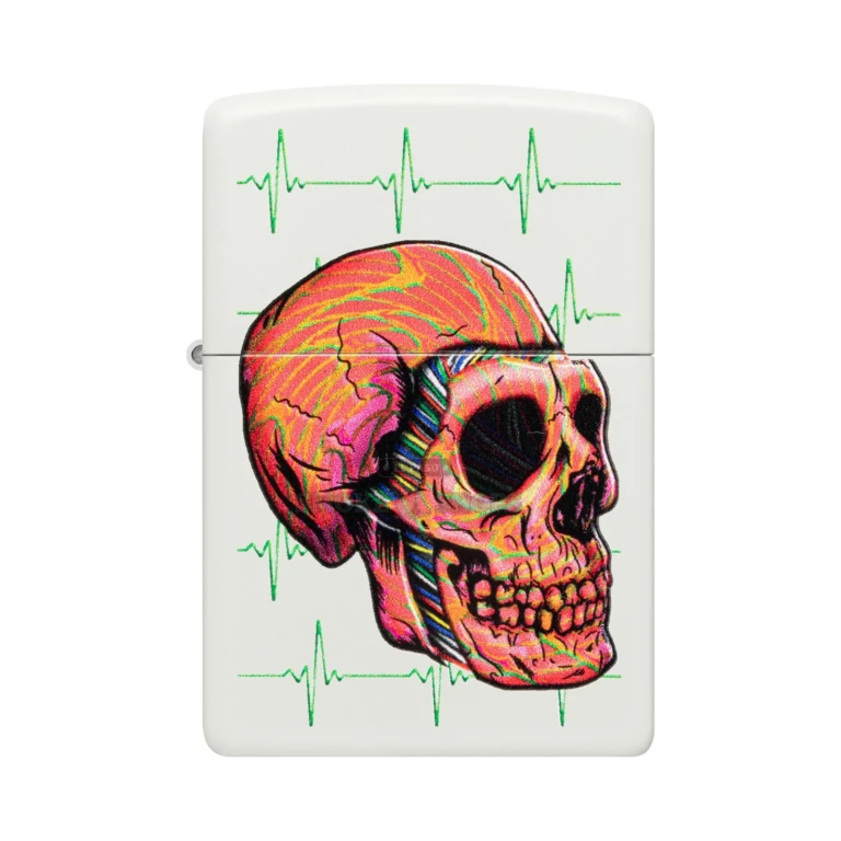 Zippo Cyber Skull windproof lighter in White Matte, model 48659, closed front view showing the skull design