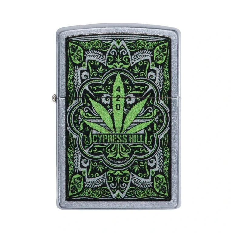 Cypress Hill weed skull design Zippo lighter in brushed chrome, front view