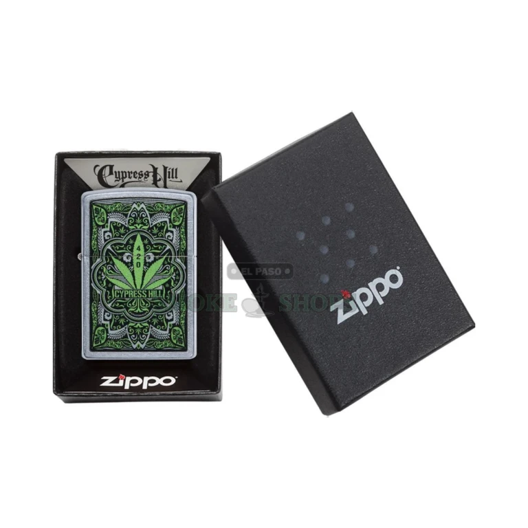 Zippo Cypress Hill windproof lighter in street chrome with the band's licensed 420 cannabis leaf artwork