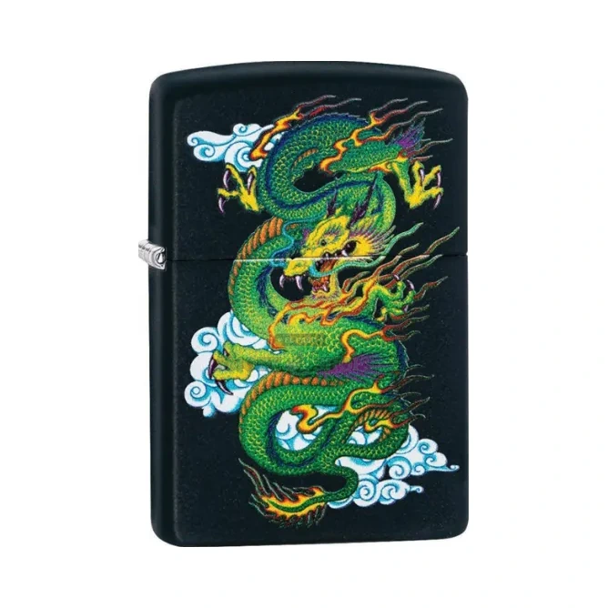 Front view of the Black Matte Zippo dragon lighter showing the full color-image dragon artwork