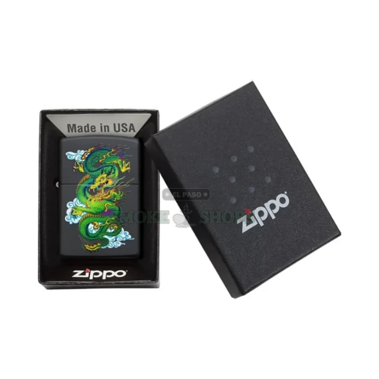 Side profile of the classic brass Zippo dragon lighter showing its slim windproof case