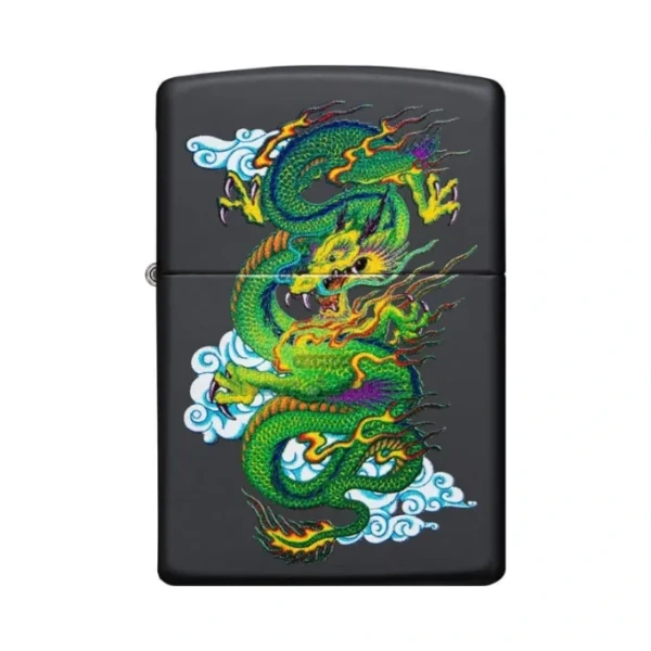 Zippo Dragon Design windproof lighter in Black Matte, item 29839, with an Asian-inspired color-image dragon across the front of the case