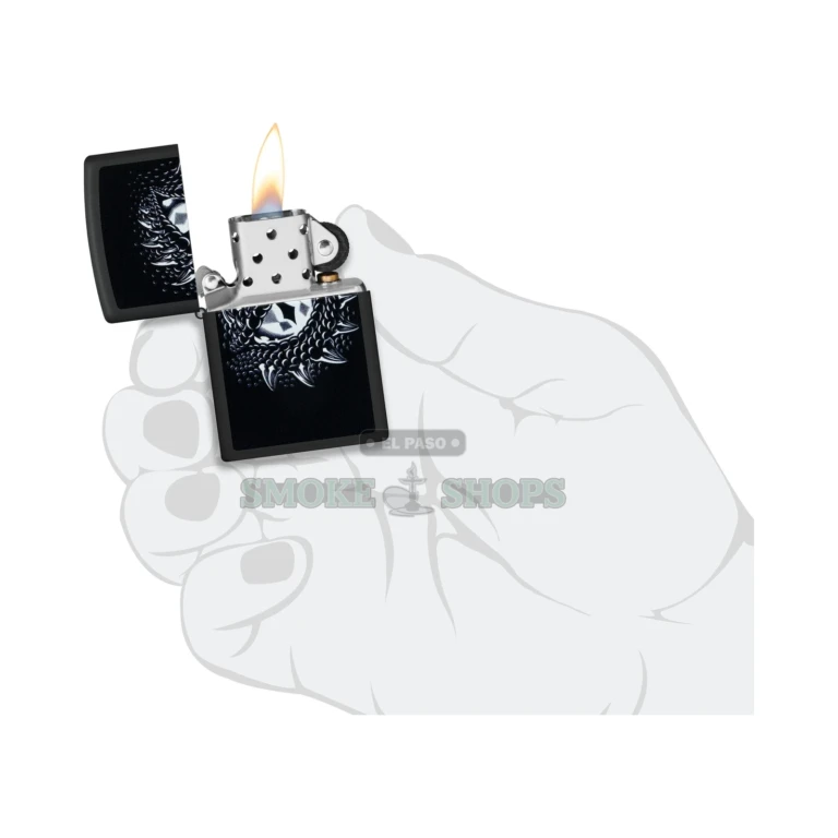 Zippo Dragon Eye lighter open with the windproof flame lit
