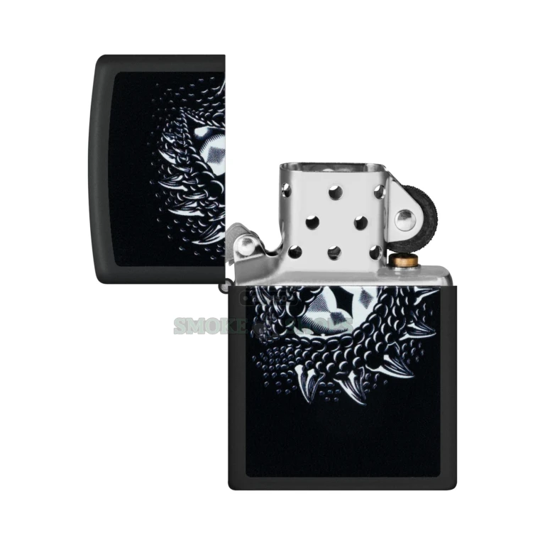 Black matte Zippo Dragon Eye 48608 showing the hinge and dated bottom stamp