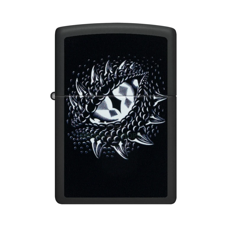 Zippo Dragon Eye Black Light windproof lighter 48608 in black matte, closed, dragon eye artwork on the front