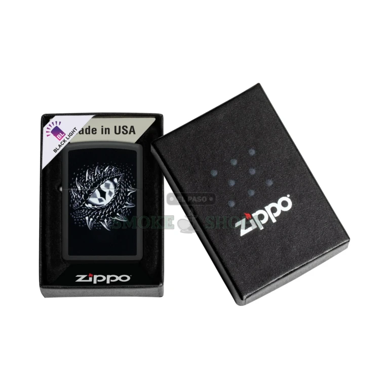 Zippo Dragon Eye Black Light windproof lighter 48608 in black matte, closed, dragon eye artwork on the front