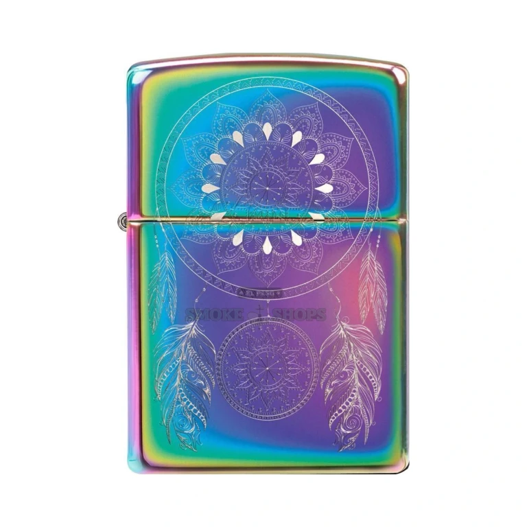 Close-up of the Dream Catcher hoop, feathers, and beadwork etched on the Zippo lighter case
