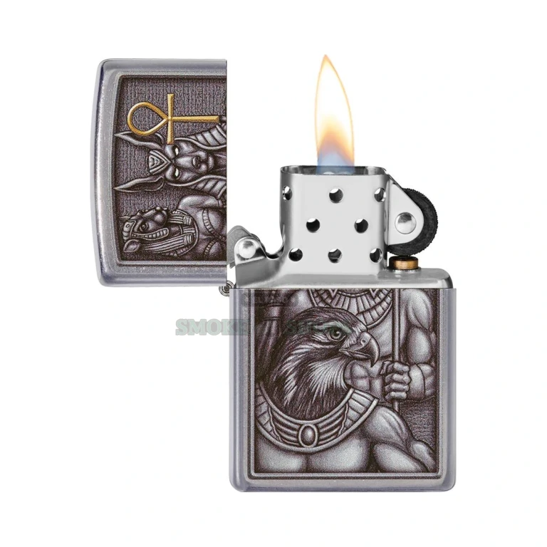 Zippo 49406 Egyptian Gods lighter shown open with the windproof chimney and flame