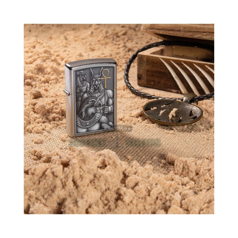 Zippo Egyptian Gods windproof lighter 49406 in Street Chrome, color-image design of Anubis, Horus and Bastet, at El Paso Smoke Shops