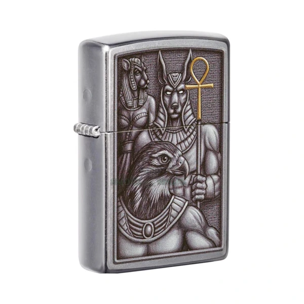 Zippo Egyptian Gods windproof lighter 49406 in Street Chrome, color-image design of Anubis, Horus and Bastet, at El Paso Smoke Shops