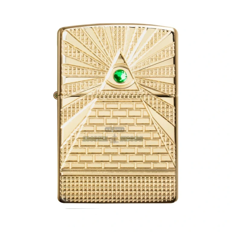 Zippo Eye of Providence Armor lighter open, showing the gold-flashed insert and windproof chimney