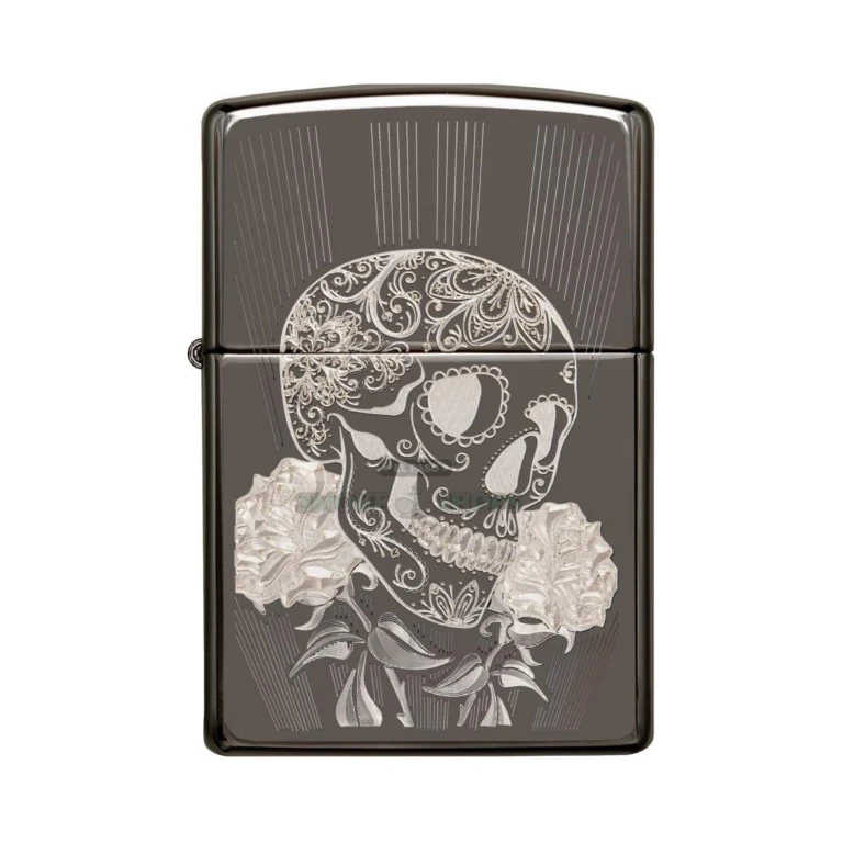 Close-up of the laser fancy-fill skull surrounded by flowers on the Zippo 29883 Black Ice finish