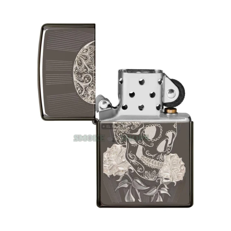Back of the Zippo Fancy Skull Black Ice 29883 showing the continued floral skull engraving
