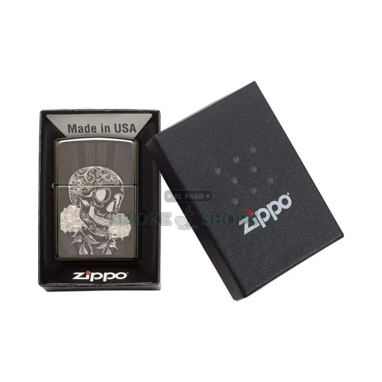 Zippo Fancy Skull Design Black Ice windproof lighter, model 29883, showing the laser fancy-fill skull and flowers on the black PVD case