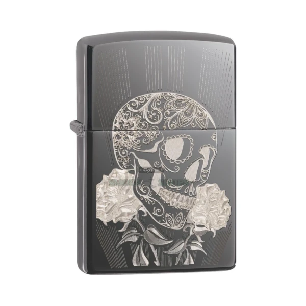 Zippo Fancy Skull Design Black Ice windproof lighter, model 29883, showing the laser fancy-fill skull and flowers on the black PVD case
