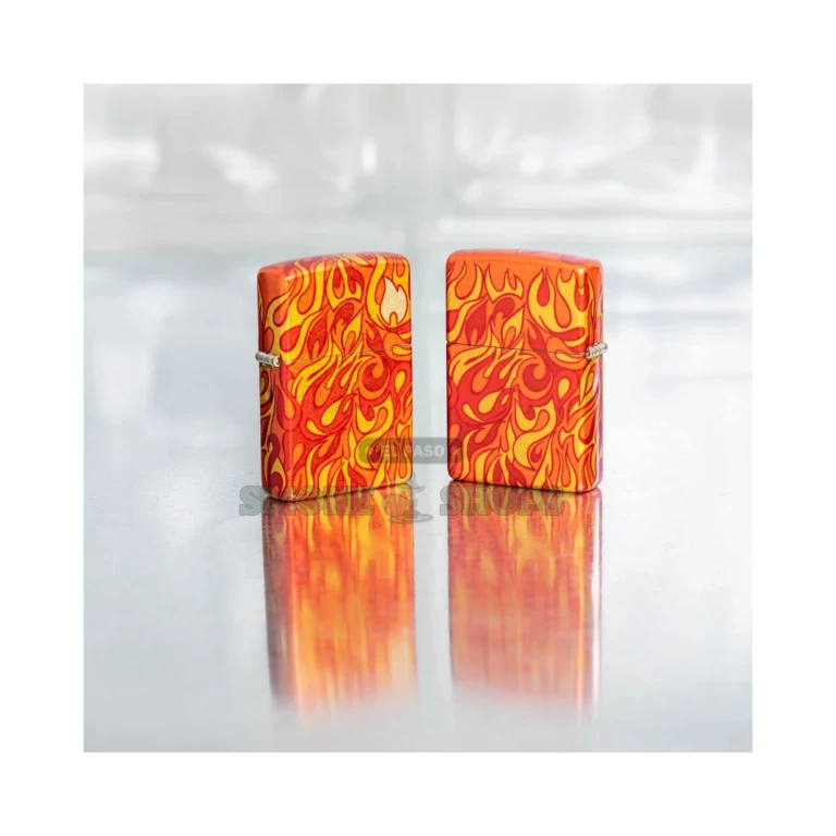 Zippo 540 Tumbled Brass Fusion Classic case showing the double-sided Fire flame artwork