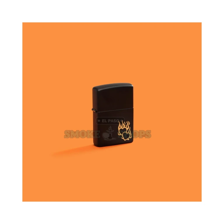 Zippo 46004 black matte lighter shown open with a lit windproof flame