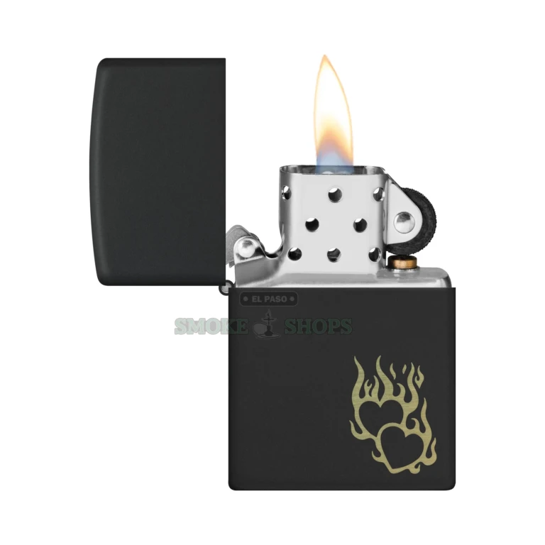 Close-up of the laser-engraved Fire Heart flaming hearts design on the black matte Zippo case