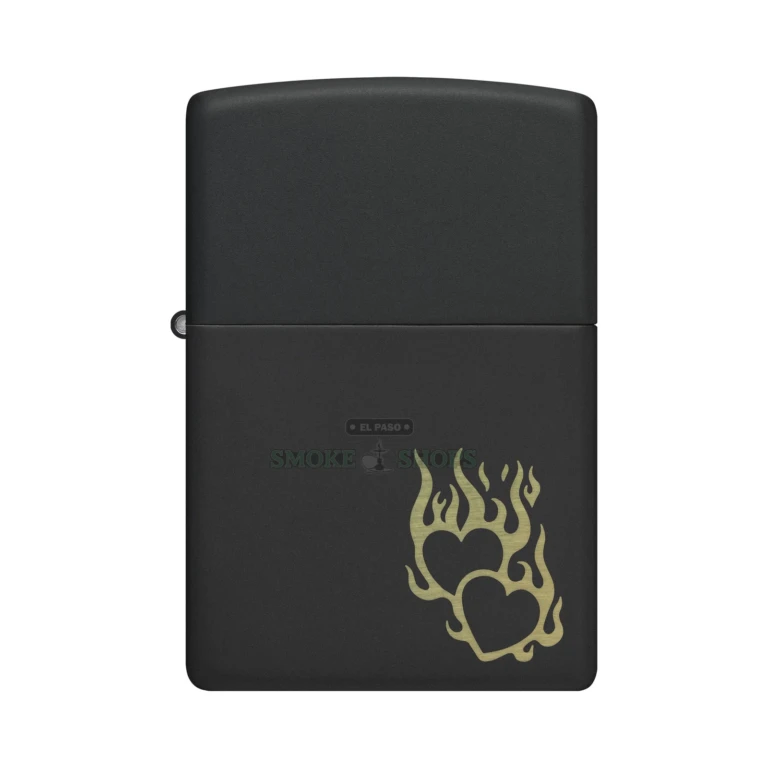 Zippo Fire Heart 46004 black matte windproof lighter with laser-engraved flaming hearts, closed front view