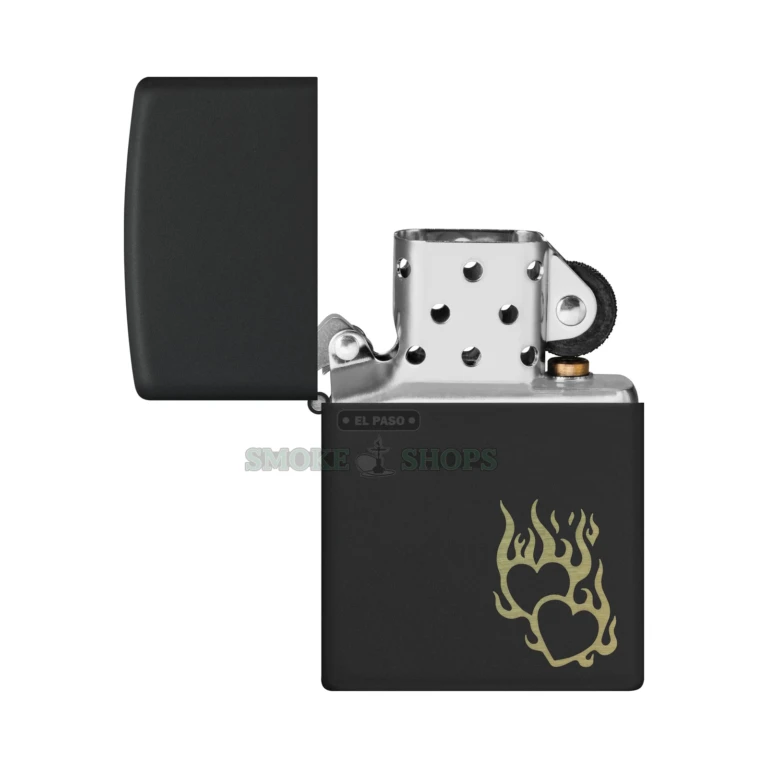 Zippo Fire Heart 46004 black matte windproof lighter with laser-engraved flaming hearts, closed front view