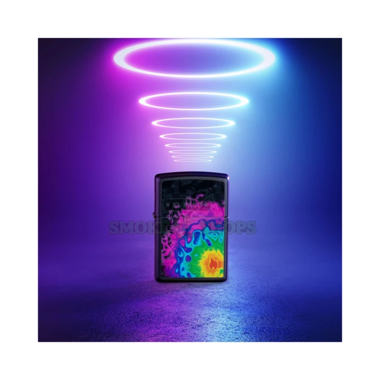 Zippo 48733 Color Image Flame Pattern lighter shown open with the windproof flame lit