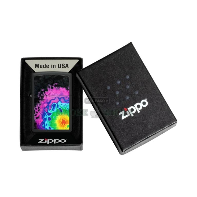 Zippo Flame Pattern Black Matte windproof lighter 48733 with the Zippo flame in a concentric rainbow, lid closed