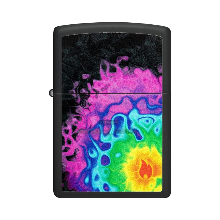 Zippo Flame Pattern Black Matte windproof lighter 48733 with the Zippo flame in a concentric rainbow, lid closed
