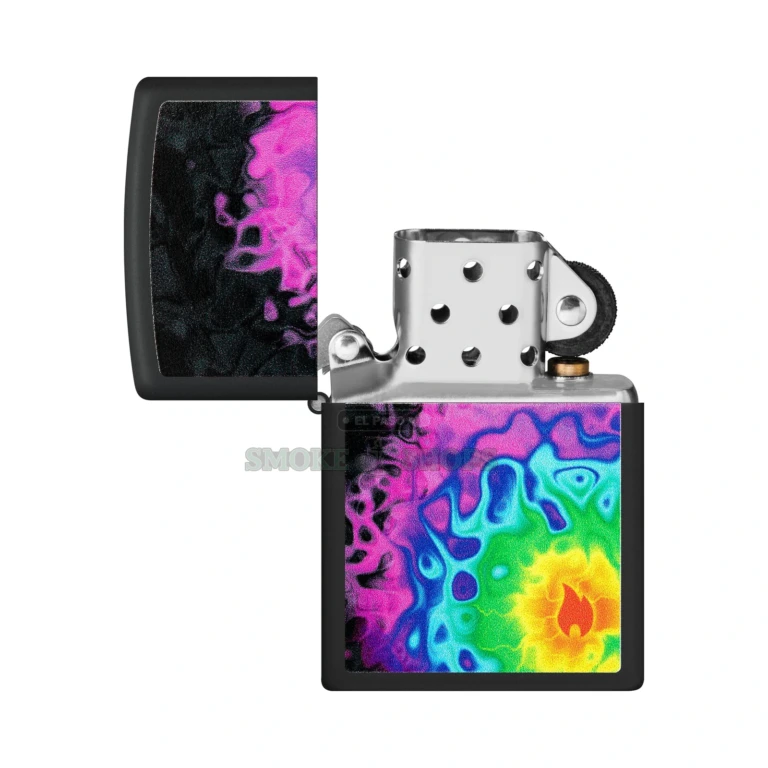 Zippo Flame Pattern Black Matte windproof lighter 48733 with the Zippo flame in a concentric rainbow, lid closed
