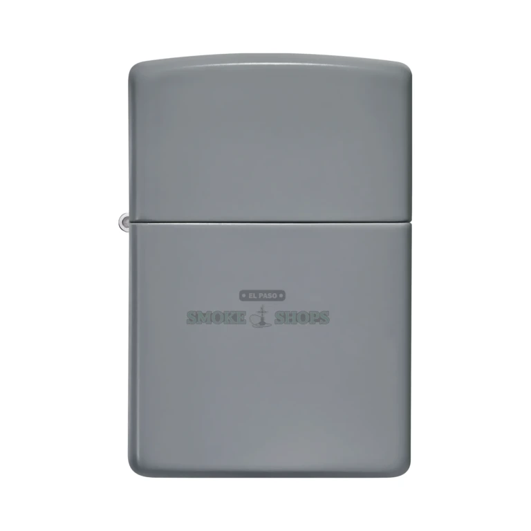 Zippo 49452 Flat Grey lighter open with lid raised showing the windproof chimney and flint wheel