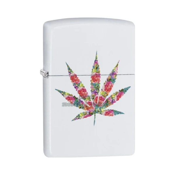 Zippo Floral Weed Design lighter in white matte finish, model 29730, front view showing the colorful cannabis-leaf print