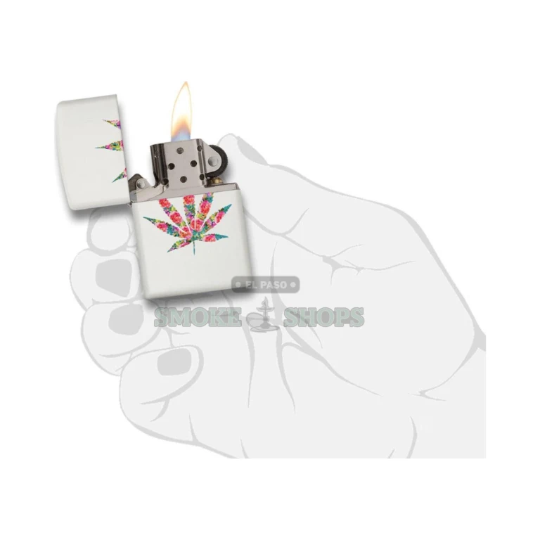 Zippo Floral Weed White Matte lighter in its Zippo gift box at El Paso Smoke Shops