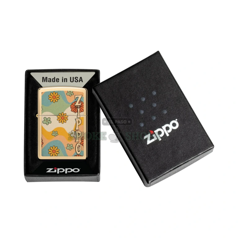 Zippo Flower Power high polish brass windproof lighter model 48503 with colorful blossoms and waves
