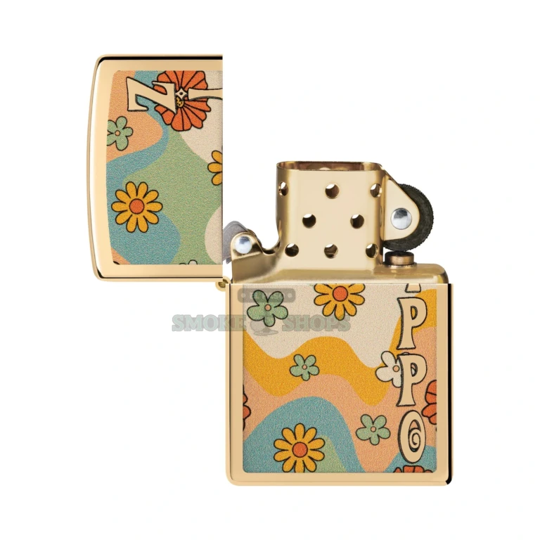 Zippo Flower Power high polish brass windproof lighter model 48503 with colorful blossoms and waves