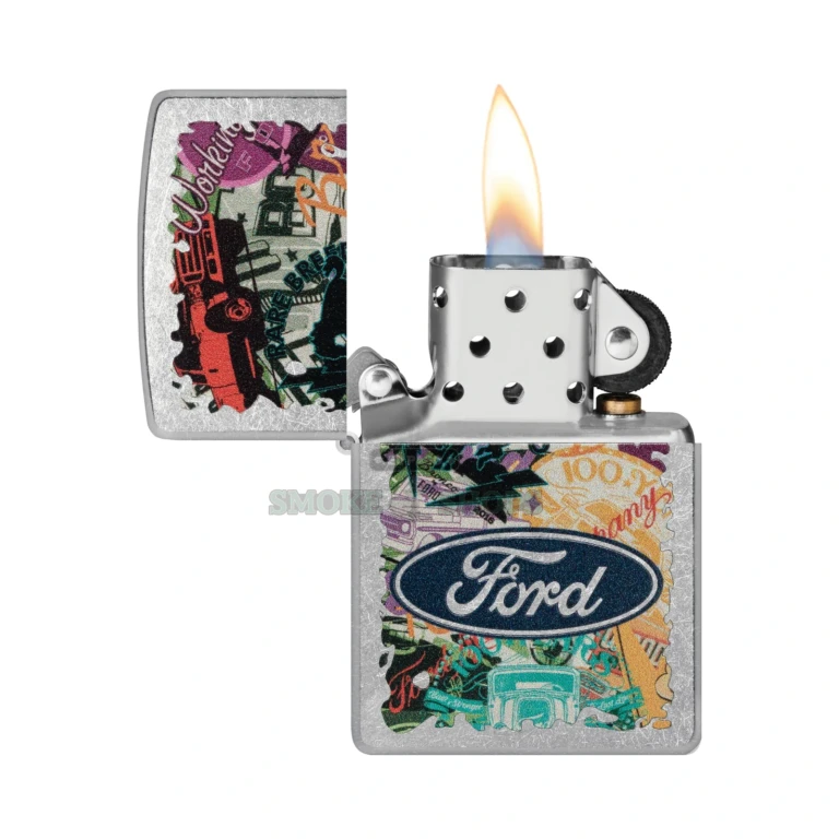 Zippo Ford Collage lighter open with the windproof chimney and flame visible