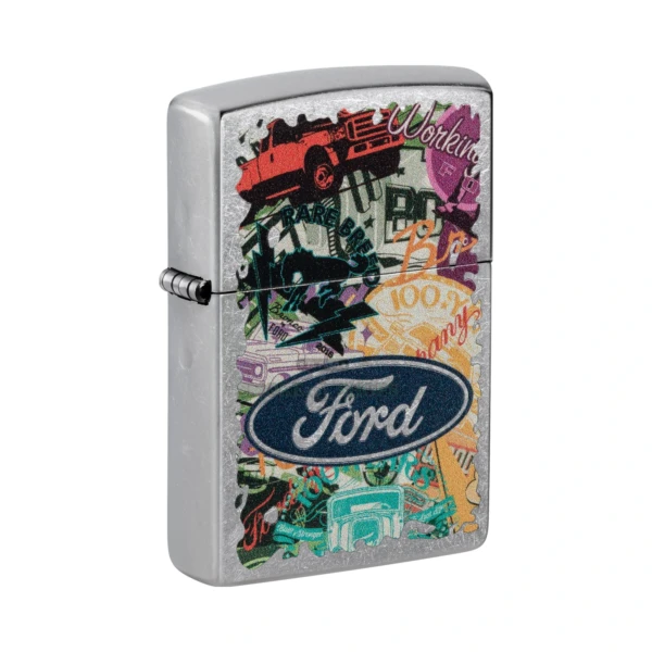 Zippo Ford Collage windproof lighter model 48755 in Street Chrome with full-color collage of classic Ford logos