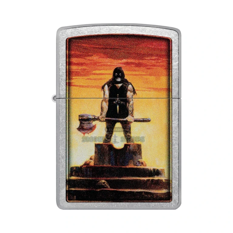 Color Image close-up of Frank Frazetta's 'The Executioner' hooded figure and fiery sky printed on the Zippo case
