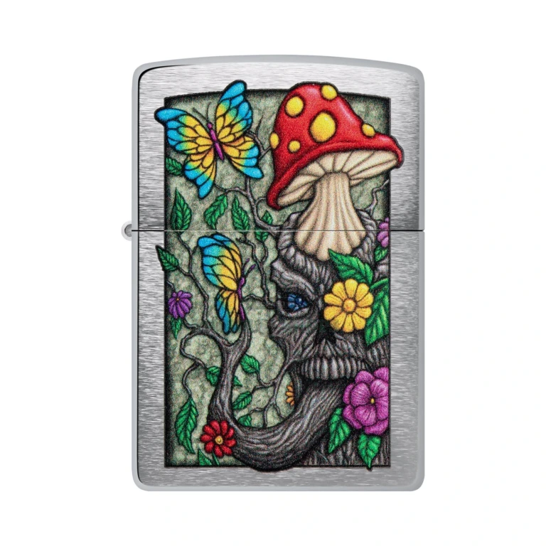 Zippo Freaky Nature Design windproof lighter 48635 in Brushed Chrome, front view showing the Circle of Life mushroom and butterfly Color Image