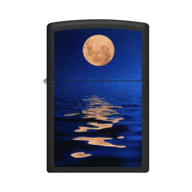 Zippo 49810 Full Moon design glowing blue under a UV black light