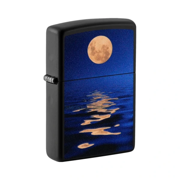 Zippo Full Moon Design Black Light lighter 49810 in black matte showing the moonlit-sea artwork
