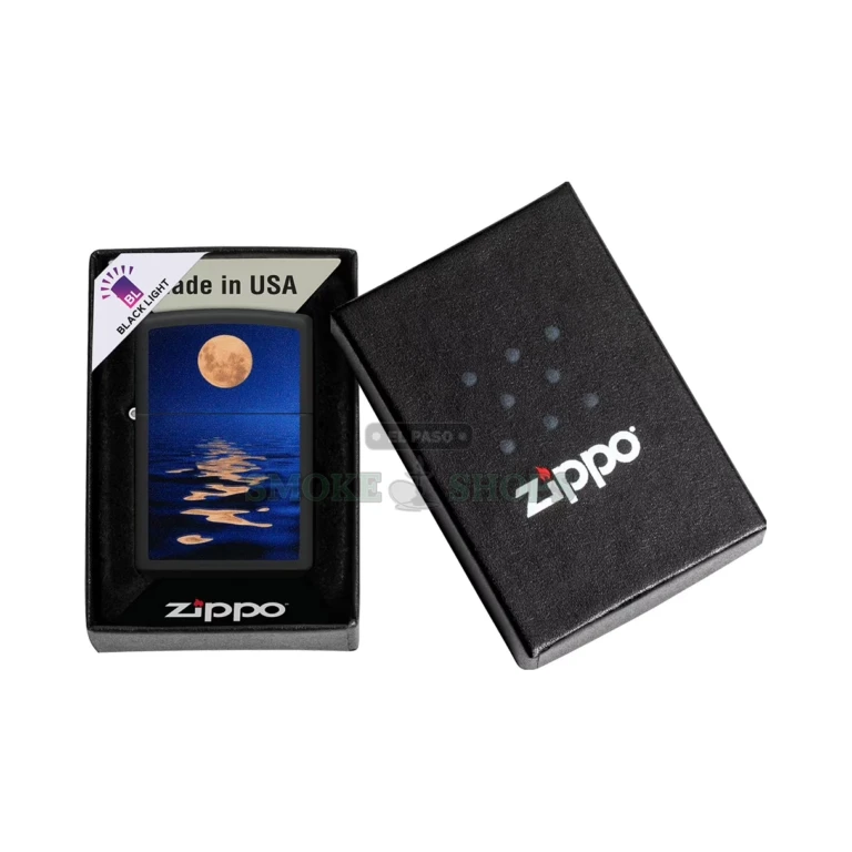 Back of the Zippo Full Moon Black Light lighter with the Bradford USA bottom stamp