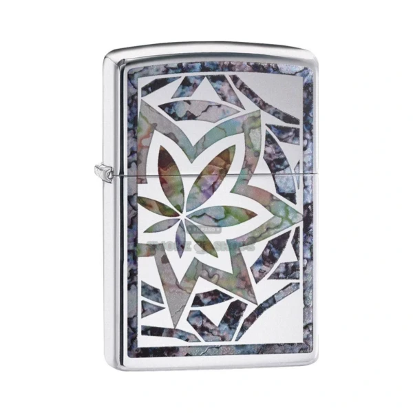 Zippo Fusion Leaf windproof lighter 29727 showing the iridescent geometric leaf design on high polish chrome, sold at El Paso Smoke Shops