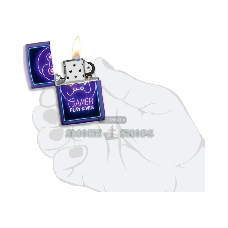Back of the purple matte Zippo Gamer lighter showing the neon 'Play & Win' Color Image script
