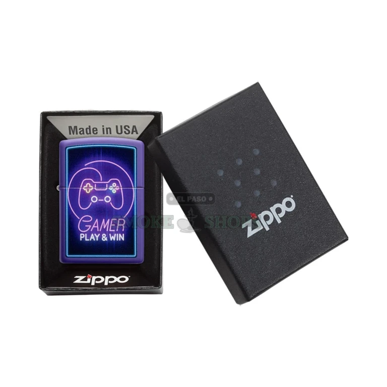 Closed Zippo Gamer 'Play & Win' lighter showing the Classic brass case profile in purple matte