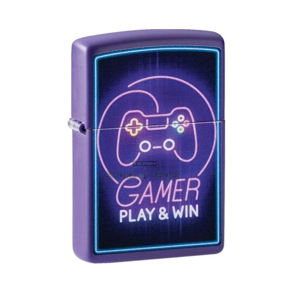 Zippo Gamer 'Play & Win' lighter in purple matte with a neon video-game controller design, model 49157