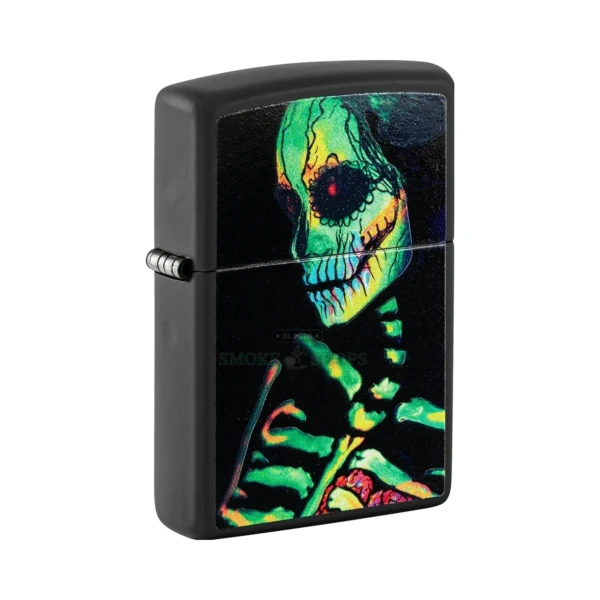 Zippo Glowing Skull black light windproof lighter in Black Matte, model 48761, front view at El Paso Smoke Shops