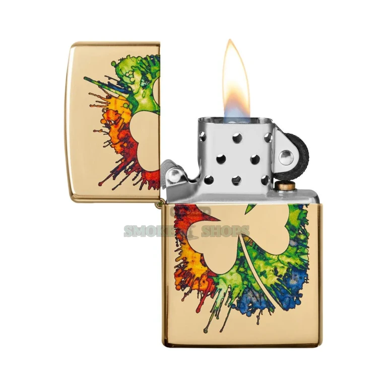 Zippo Graffiti Clover lighter shown open with the windproof chimney and signature lid