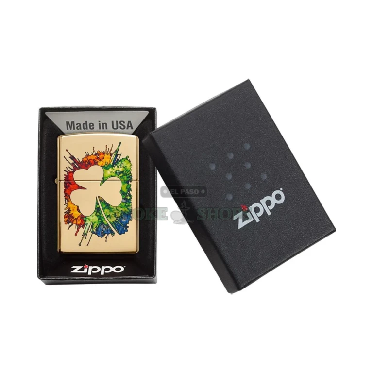Zippo Graffiti Clover 540 Fusion lighter model 49125 in iridescent High Polish Brass, front view